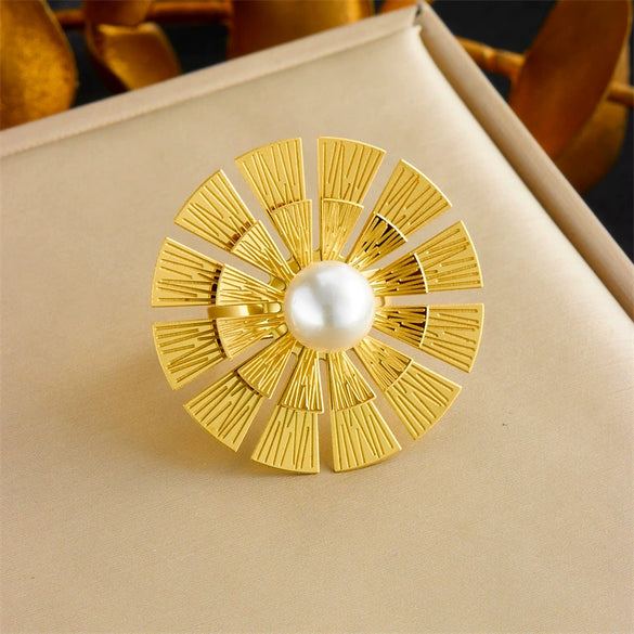 Wholesale Women's Stainless Steel Gold Plated Jewelry Set With Flower Pattern And Pearl Inlay