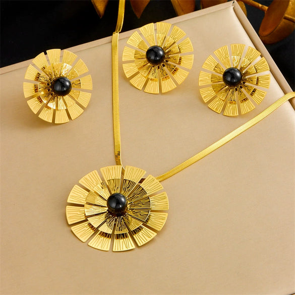 Wholesale Women's Stainless Steel Gold Plated Jewelry Set With Flower Pattern And Pearl Inlay