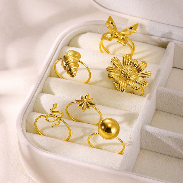 Wholesale Women's Stainless Steel Gold Plated Sunflower Butterfly Snake Open Ring
