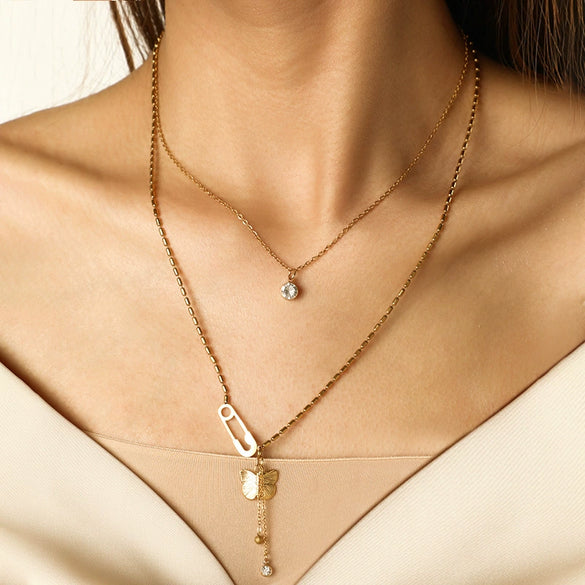 Wholesale Women's Stainless Steel Goldplated Butterfly Pendant Necklace With Bamboo Chain And Insect Pattern