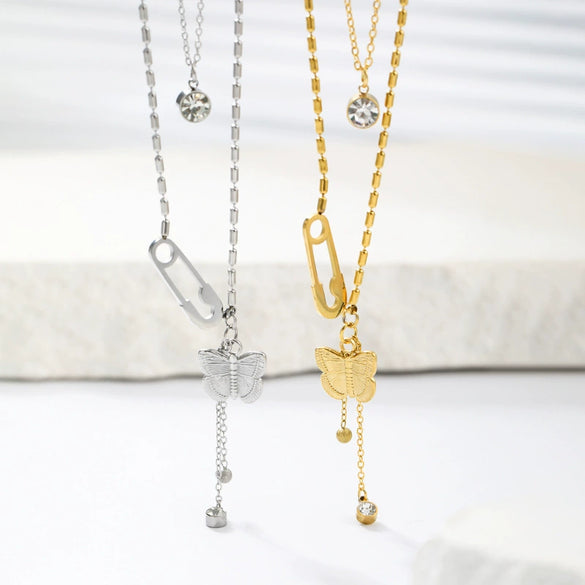 Wholesale Women's Stainless Steel Goldplated Butterfly Pendant Necklace With Bamboo Chain And Insect Pattern