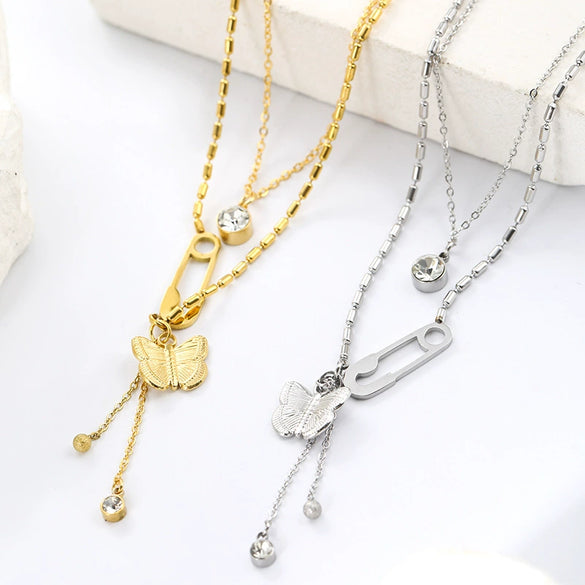 Wholesale Women's Stainless Steel Goldplated Butterfly Pendant Necklace With Bamboo Chain And Insect Pattern