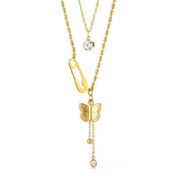 Wholesale Women's Stainless Steel Goldplated Butterfly Pendant Necklace With Bamboo Chain And Insect Pattern