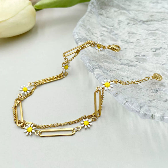 Wholesale Women's Stainless Steel Goldplated Daisy Doublelayer Retro Bracelet