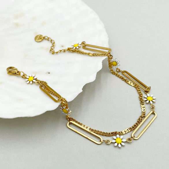 Wholesale Women's Stainless Steel Goldplated Daisy Doublelayer Retro Bracelet
