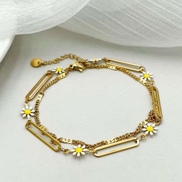 Wholesale Women's Stainless Steel Goldplated Daisy Doublelayer Retro Bracelet