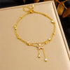 Wholesale Women's Stainless Steel Goldplated Flowerpatterned Doublelayer Anklet With Diamondencrusted Fivepetal Flower Chain Tassel