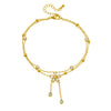 Wholesale Women's Stainless Steel Goldplated Flowerpatterned Doublelayer Anklet With Diamondencrusted Fivepetal Flower Chain Tassel