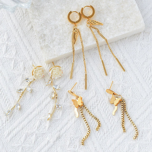 Wholesale Women's Stainless Steel Goldplated Flowerpatterned Long Tassel Earrings