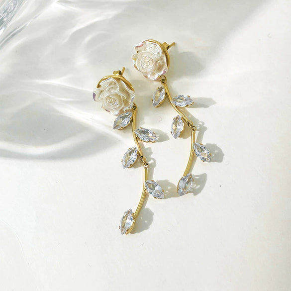 Wholesale Women's Stainless Steel Goldplated Flowerpatterned Long Tassel Earrings