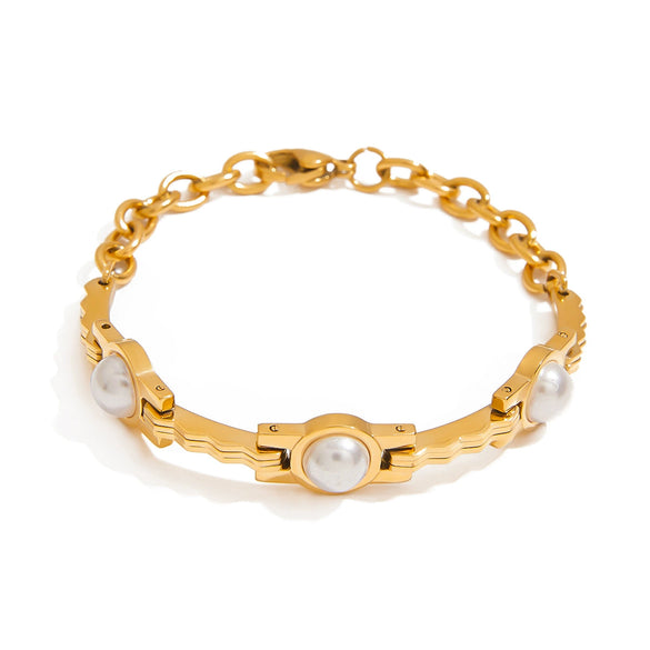 Wholesale Women's Stainless Steel Goldplated Geometric Pearl Chain Bracelet With Original And Minimalist Design