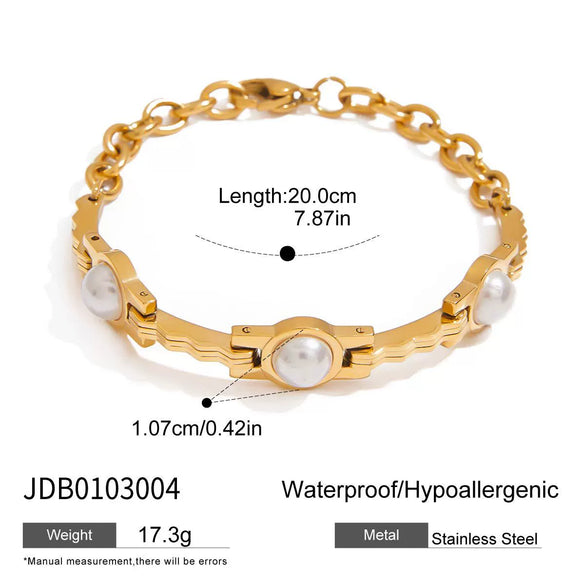 Wholesale Women's Stainless Steel Goldplated Geometric Pearl Chain Bracelet With Original And Minimalist Design