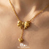 Wholesale Women's Stainless Steel Goldplated Heart Pendant Necklace And Earrings Jewelry Set With Bowknot And Tassel