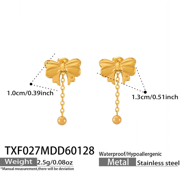 Wholesale Women's Stainless Steel Goldplated Heart Pendant Necklace And Earrings Jewelry Set With Bowknot And Tassel