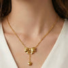 Wholesale Women's Stainless Steel Goldplated Heart Pendant Necklace And Earrings Jewelry Set With Bowknot And Tassel