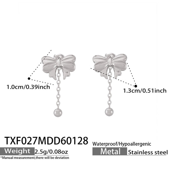 Wholesale Women's Stainless Steel Goldplated Heart Pendant Necklace And Earrings Jewelry Set With Bowknot And Tassel