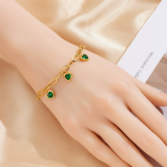 Wholesale Women's Stainless Steel Goldplated Jewelry Bracelet With Heart Shape And Artificial Gemstones And Semiprecious Stones