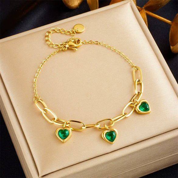 Wholesale Women's Stainless Steel Goldplated Jewelry Bracelet With Heart Shape And Artificial Gemstones And Semiprecious Stones