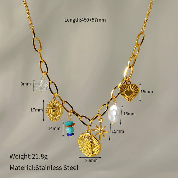 Wholesale Women's Stainless Steel Goldplated Love Flower Tassel Necklace With Animal Zodiac Pattern And Cuban Chain