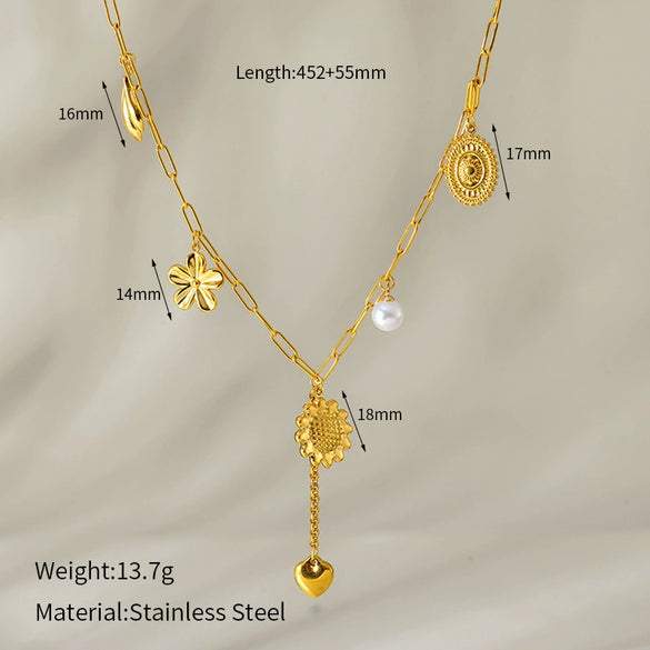Wholesale Women's Stainless Steel Goldplated Love Flower Tassel Necklace With Animal Zodiac Pattern And Cuban Chain