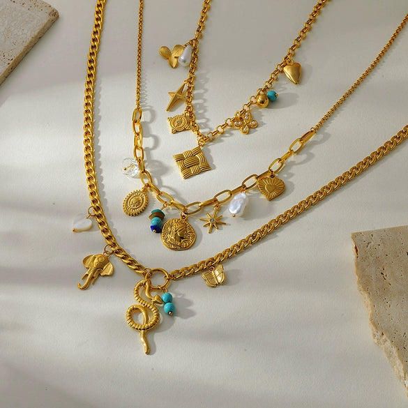 Wholesale Women's Stainless Steel Goldplated Love Flower Tassel Necklace With Animal Zodiac Pattern And Cuban Chain