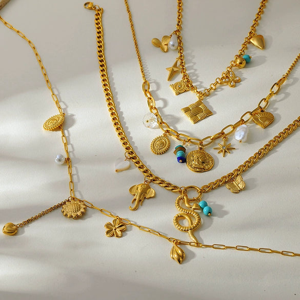 Wholesale Women's Stainless Steel Goldplated Love Flower Tassel Necklace With Animal Zodiac Pattern And Cuban Chain