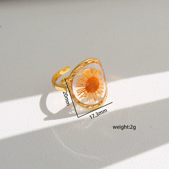 Wholesale Women's Stainless Steel Goldplated Resin Geometric Flower Minimalist Ring