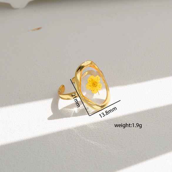 Wholesale Women's Stainless Steel Goldplated Resin Geometric Flower Minimalist Ring