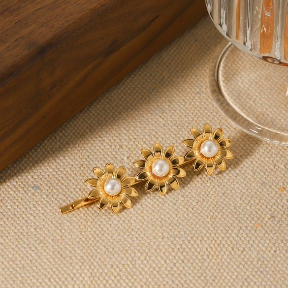 Wholesale Women's Stainless Steel Goldplated Sunflower Inlaid Pearl Hair Clip