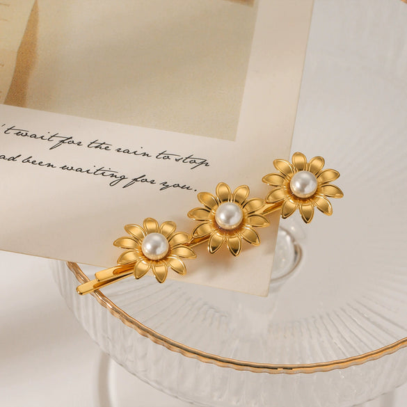Wholesale Women's Stainless Steel Goldplated Sunflower Inlaid Pearl Hair Clip