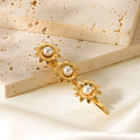 Wholesale Women's Stainless Steel Goldplated Sunflower Inlaid Pearl Hair Clip