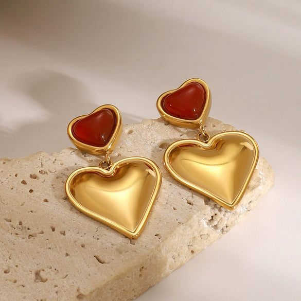 Wholesale Women's Stainless Steel Heart And Geometric Red Agate Love Earrings With Electroplating