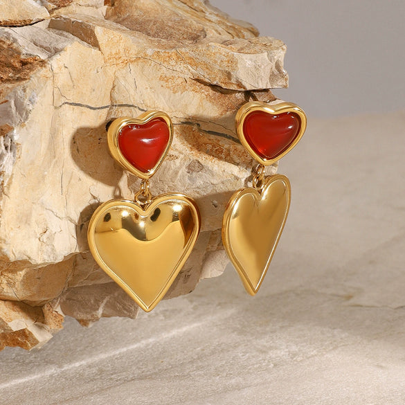 Wholesale Women's Stainless Steel Heart And Geometric Red Agate Love Earrings With Electroplating