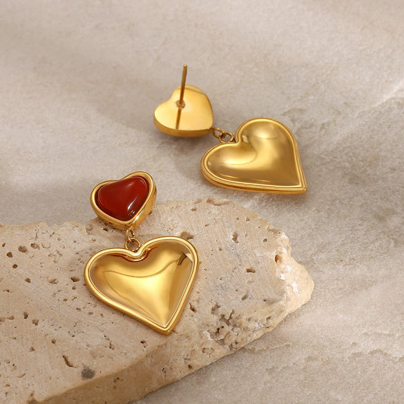 Wholesale Women's Stainless Steel Heart And Geometric Red Agate Love Earrings With Electroplating