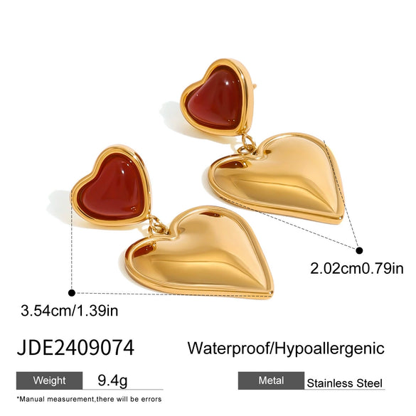 Wholesale Women's Stainless Steel Heart And Geometric Red Agate Love Earrings With Electroplating