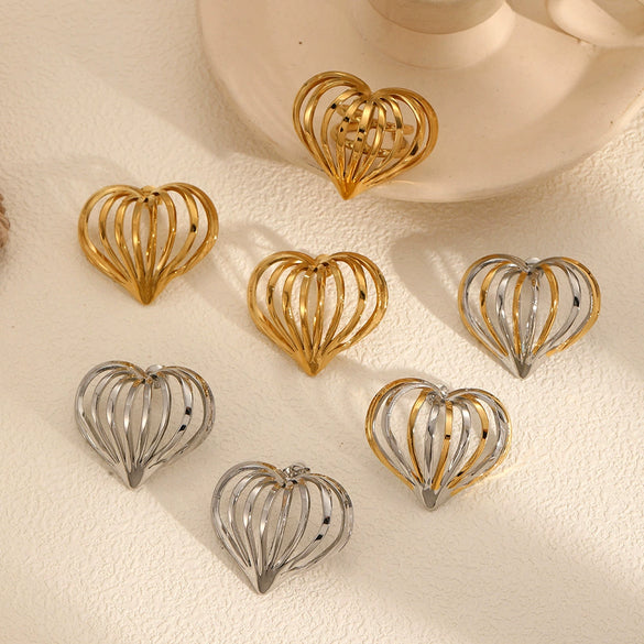 Wholesale Women's Stainless Steel Heart Shape Three Dimensional Cut Electroplated Earrings And Rings