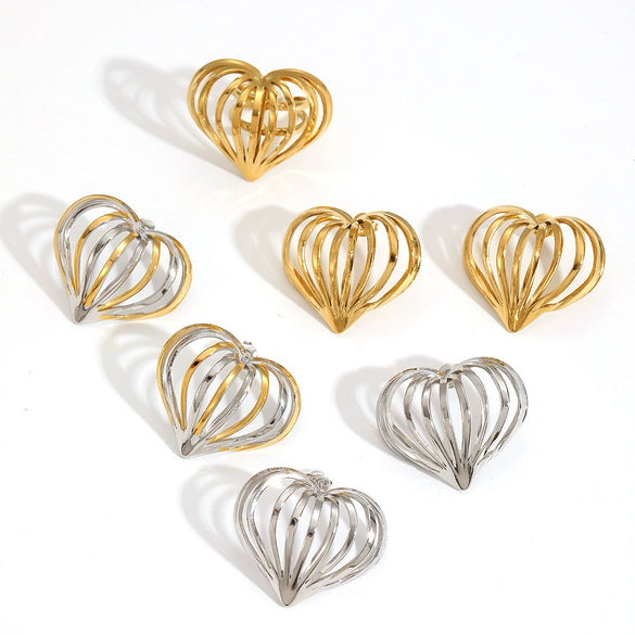 Wholesale Women's Stainless Steel Heart Shape Three Dimensional Cut Electroplated Earrings And Rings