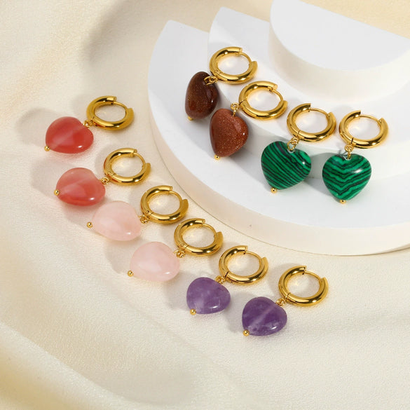 Wholesale Women's Stainless Steel Heart Shaped Earrings With Natural Stone Pvdp Furnace Real Gold Treatment