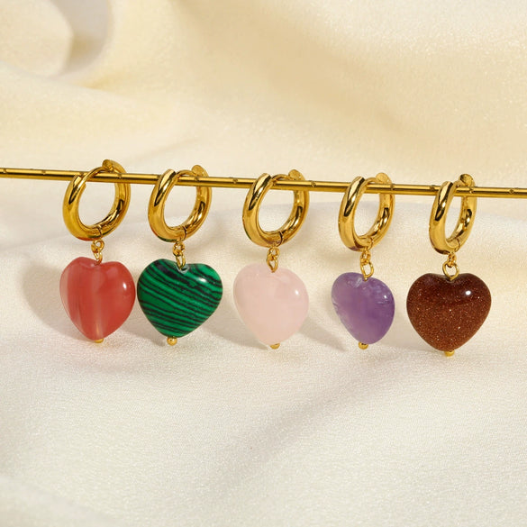 Wholesale Women's Stainless Steel Heart Shaped Earrings With Natural Stone Pvdp Furnace Real Gold Treatment
