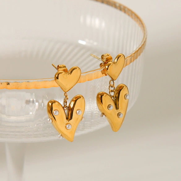 Wholesale Women's Stainless Steel Heartshaped Geometric Electroplated Pearl Earrings Jewelry