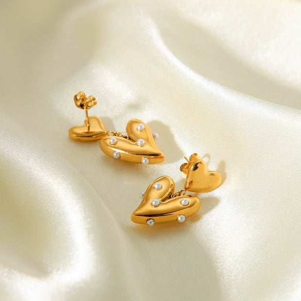 Wholesale Women's Stainless Steel Heartshaped Geometric Electroplated Pearl Earrings Jewelry