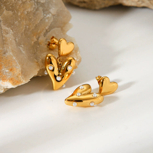 Wholesale Women's Stainless Steel Heartshaped Geometric Electroplated Pearl Earrings Jewelry