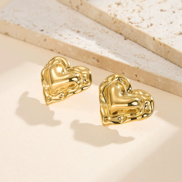 Wholesale Women's Stainless Steel Heartshaped Geometric Irregular Earrings With Vacuum Real Gold Plating