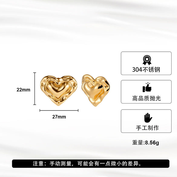 Wholesale Women's Stainless Steel Heartshaped Geometric Irregular Earrings With Vacuum Real Gold Plating