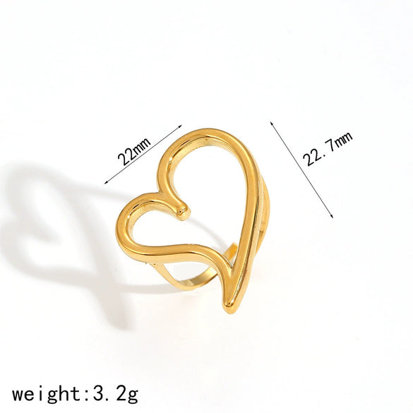 Wholesale Women's Stainless Steel Heartshaped Geometric Light Luxury Highend Open Ring With 18K Gold Electroplating