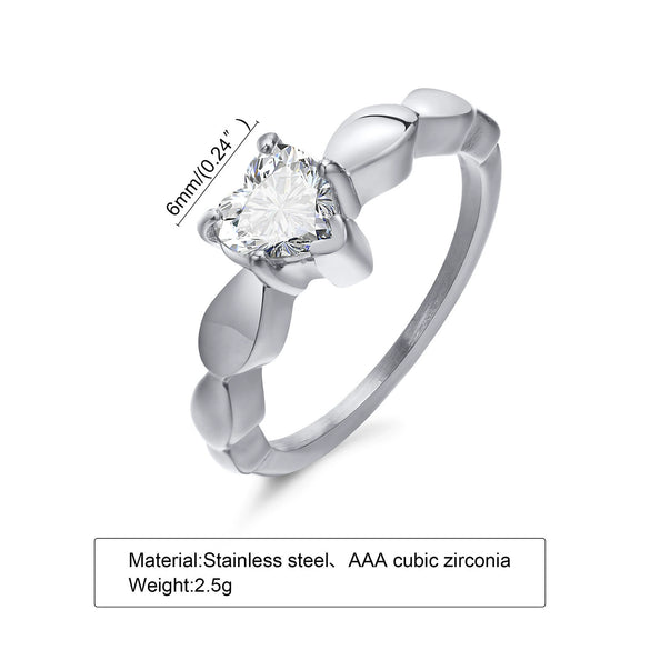 Wholesale Women's Stainless Steel Heartshaped Zircon Casting Ring Simple Style