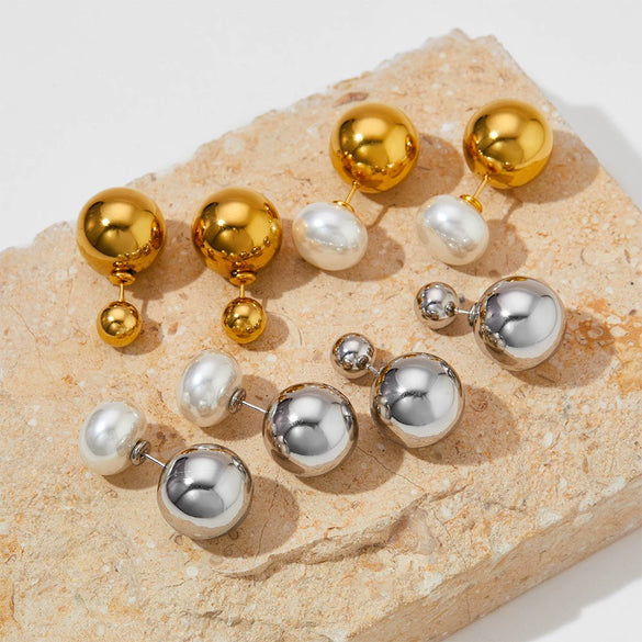 Wholesale Women's Stainless Steel Hollow Ball Earrings With Geometric Pattern And Electroplating Simple Light Luxury Front And Back Two Wear