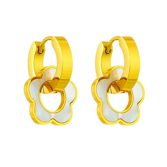Wholesale Women's Stainless Steel Hollow Flower Shape Earrings With White Shell Electroplated