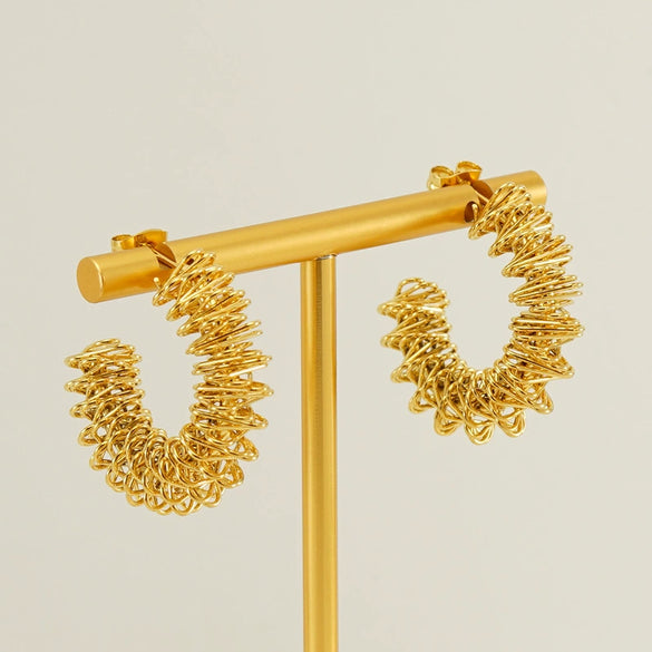 Wholesale Women's 316L Stainless Steel Hollow Irregular Geometric Spring And Ring Earrings With Electroplating