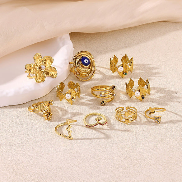 Wholesale Women's Stainless Steel Imitation Pearl Multilayer Zircon 18K Gold Plated Heart Shape Geometric Inlaid With Gold Open Ring